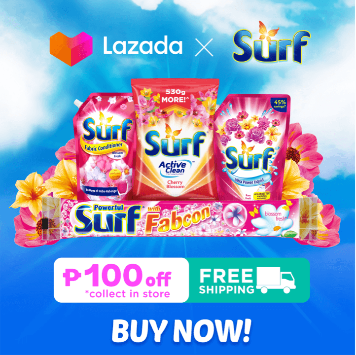 Surf product photos, P100 off voucher, free shipping, Shopee and Lazada logos and “Buy Now”
